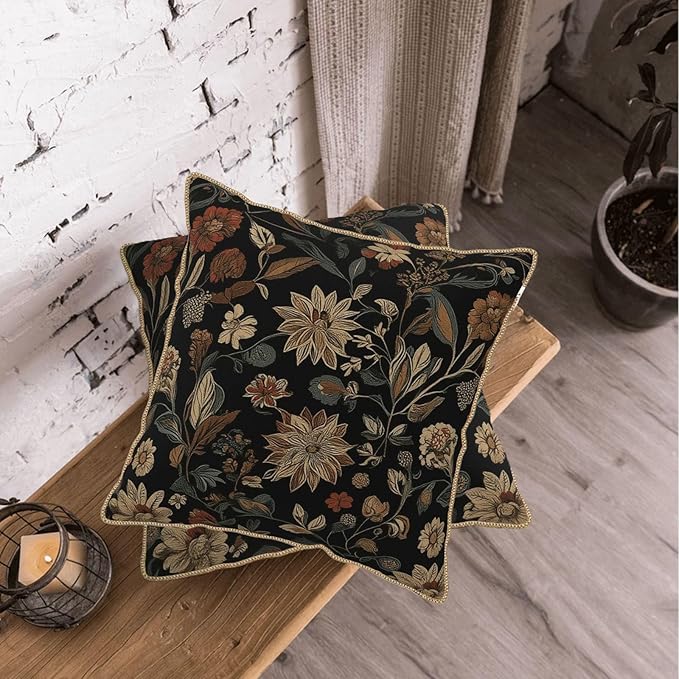 KSLIDS Vintage Floral Brown Black Soft Velvet Throw Pillow Covers Set of 2 Retro Boho Flower Leaves Decorative Pillow Covers 18x18 Inch Bohemian Pillow Case for Sofa Couch Farmhouse Home Decor