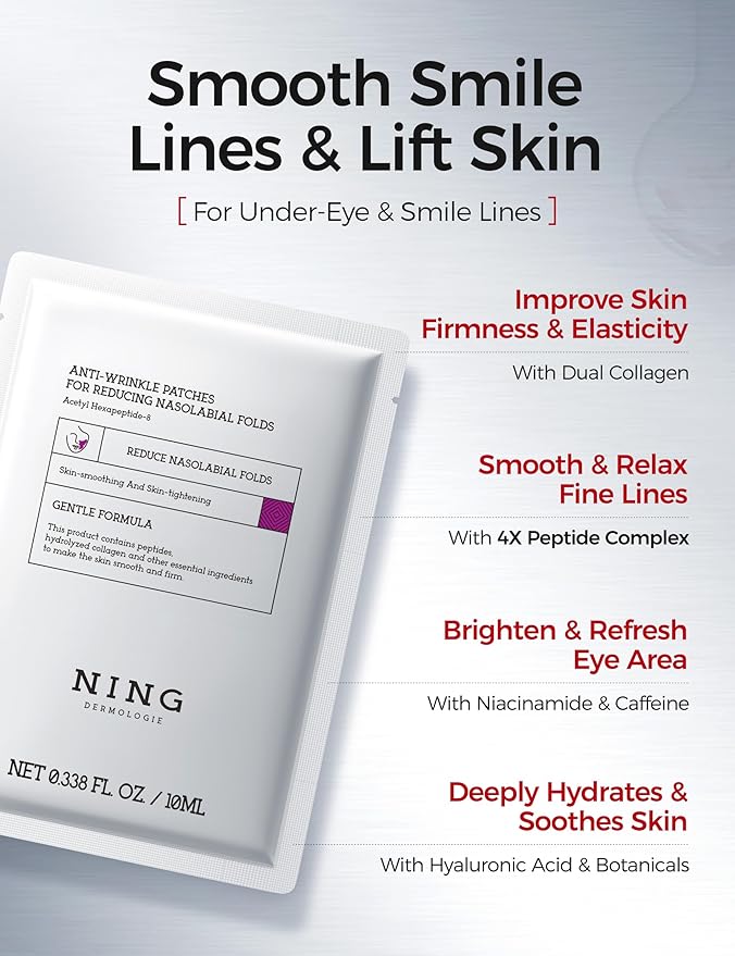 NING DERMOLOGIE Smile Line & Under Eye Patches – 4-Peptide Anti-Wrinkle Treatment with Collagen, Caffeine & Niacinamide – Firming, Hydrating, Brightening Face Pads for Laugh Lines, Eye Bags, 10 Pairs