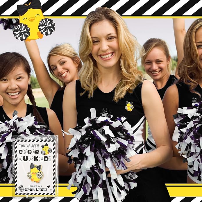 Quelay 24 Pack Cheer Team Gifts Bulk Cheerleader Duck Pins Brooches You've Been Cheer Ducked Tags Team Inspirational Gift Accessories for Teammates