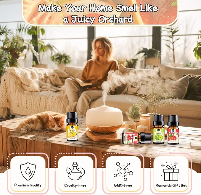 RAINBOW ABBY Fruity Fragrance Oil for Candle & Soap Making, 10 Fruit Scents in 5ML Bottles, Coconut, Strawberry, Watermelon, Mango, Pineapple, Summer Premium Aromatherapy Diffuser Oils Set