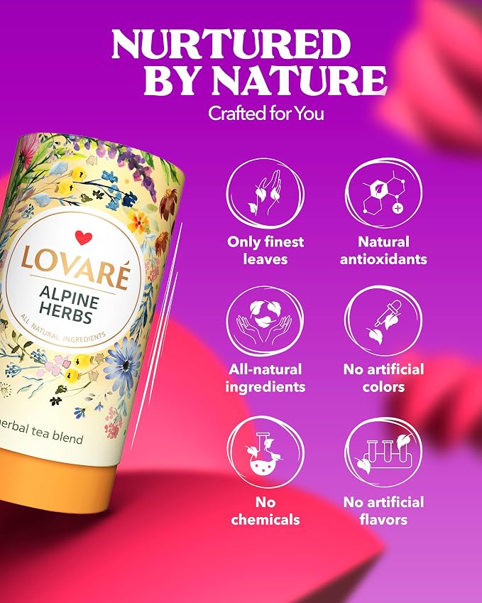 LOVARE Alpine Herbs Loose Leaf Tea 80 g - Made in Ukraine – Herbal tea blend, Lemongrass, Chamomile Flowers, Rose Hips, Orange Peel and Blossom, Blackberry Leaves, and More with 15 Paper Filters (Alpine Herbs)