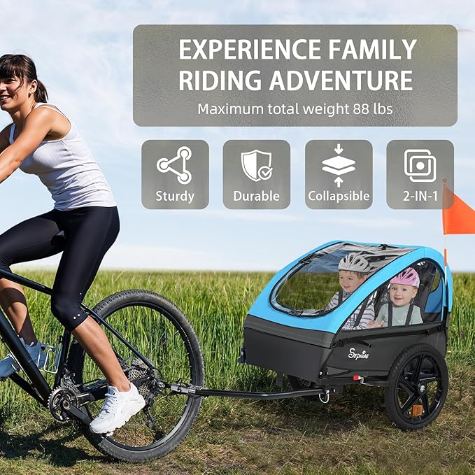 Sepnine Kids Bike Trailer, 2 in1 Canopy Carrier Converts to Stroller Suitable for 1 to 2 Kids, 12+ Months, Quick Attach to Bike, Foldable, with 5-Point Harness and Storage Bags