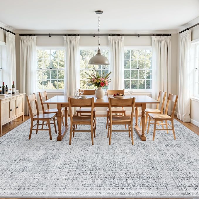 10x14 Area Rug for Living Room: Vintage Boho Neutral Washable Rug Indoor Soft Large Area Rug Carpet for Bedroom Nursery Farmhouse Dining Room Office Floor Non-Slip Low Pile Under Table Rug Gray