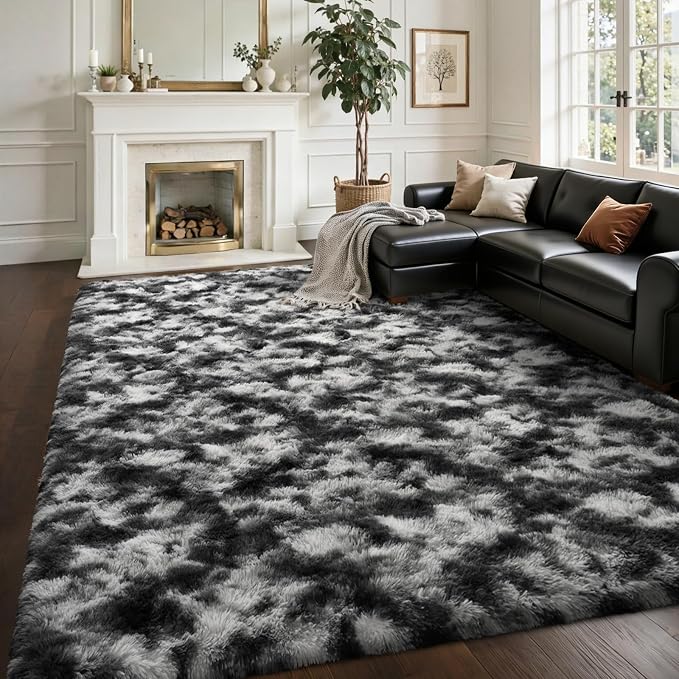Area Rugs for Living Room 8x10Ft, Soft Fluffy Shagg Plush Bedroom Rug Non-Slip,Large Carpet for Nursery Kids Dorm Home Decor, Black