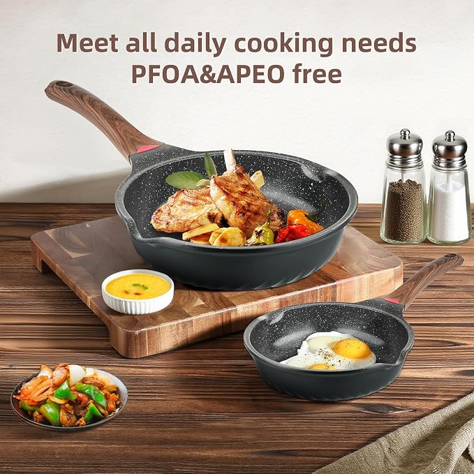 Vinchef 10" & 12" Nonstick Ceramic Frying Pan Set with Lids, 2-Pack | Black German 3C+ toxin-free ceramic PFOA/PTFE-free Induction/gas compatible Heat indicator handles Lightweight die-cast set