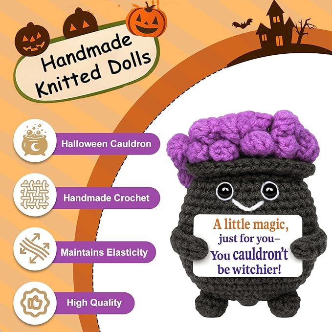 Halloween Witch Cauldron Crochet Mini Plush – Amigurumi Spooky Cute Desk Decor, Tiered Tray Kawaii Witchy Gift, Handmade Halloween Decorations, 3.4 x 2.6 in