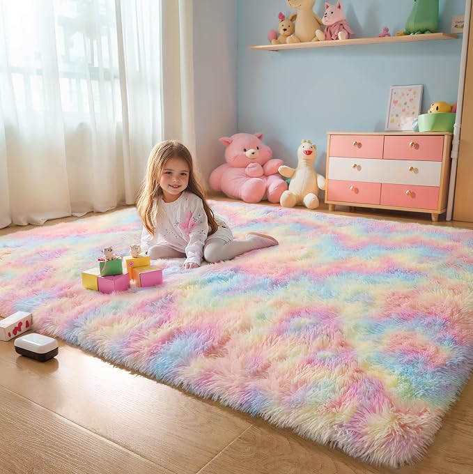 5x7 Rainbow Unicorn Rug for Girls Bedroom, Soft Plush Shag Carpet | Area Rug for Living Room, Kids Nursery, Boys Dorm Room, Washable Non Slip Shaggy Carpet