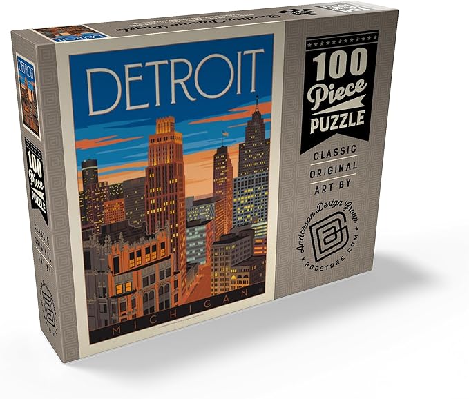 MyPuzzle Detroit, MI: Skyline, Vintage Poster - Premium 100 Piece Jigsaw Puzzle for Adults