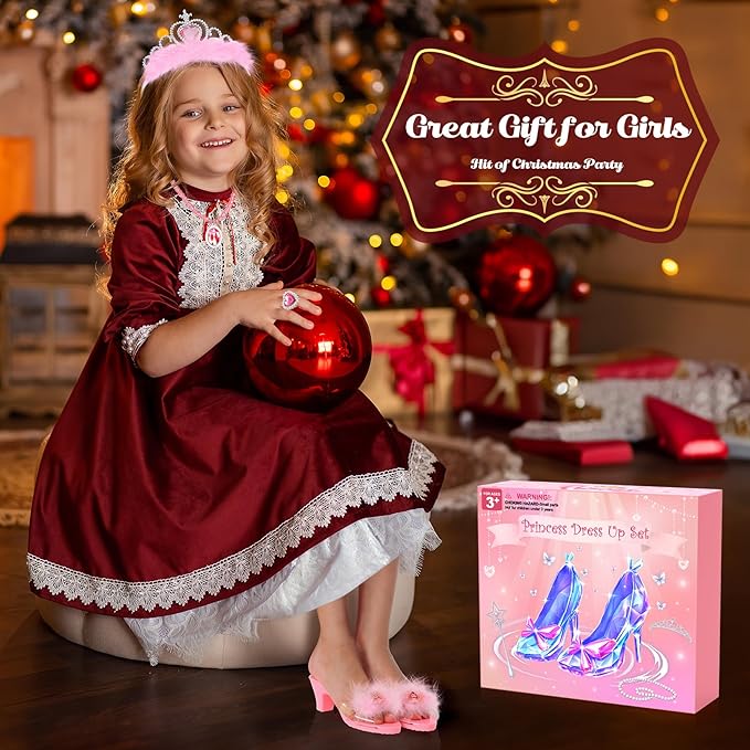 Princess Dress Up Shoes Set, Toddler Pretend Jewelry Boutique Kit, Girls Role Play Dress Up Toys, Princess Shoes Crown Necklace Earrings Ring Gift Set for Little Girls Aged 3-6 Years Old