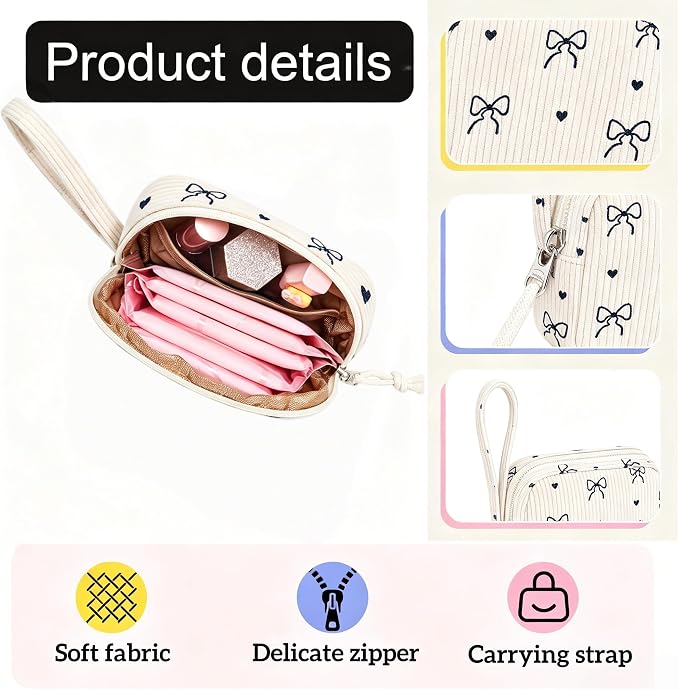 Corduroy Period Pouch for Women, Cute Sanitary Pad Pouch with Zipper, Portable Tampon Holder for Purse, Sanitary Napkin Storage Bag for Travel (Black Cute Bow)