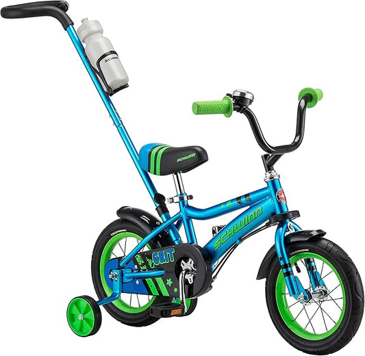 Schwinn Petunia and Grit Bike, 12 Inch Bike for Kids Ages 2-4, Orange, Teal, Pink or Blue, Steerable Beginner Bicycle with Training Wheels, Parent Push Handle, Rear Coaster Brake, Adjustable Seat