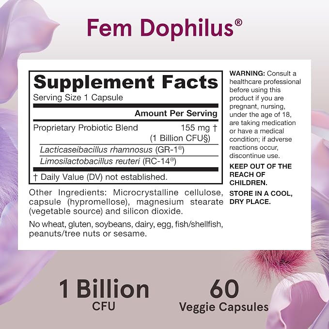 Jarrow Formulas Fem-Dophilus Probiotics 1 Billion CFU with 2 Science-Backed Strains, Dietary Suppl for Vaginal and Urinary Tract Supp,60 Veggie Caps,Up to a 60 Day Supply, Shelf-Stable,12 Packs