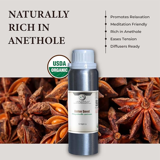 Anise Seed Organic Essential Oil - Steam Distilled Pure Pimpinella Anisum Oil for Aromatherapy, Diffusers, Soap Making, Candle Making, Cosmetic Formulations Massage DIY Personal Care - Spain - 8 Fl Oz