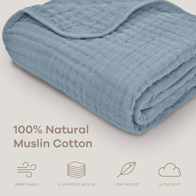 Comfy Cubs Muslin Baby Blanket 40" x 40" L - Swaddle Blankets, Pacific Blue | Soft, Lightweight, 6-Layer Cotton Breathable Baby Blankets - Comfortable, Gentle & Versatile Cotton Baby Blankets for Sleep