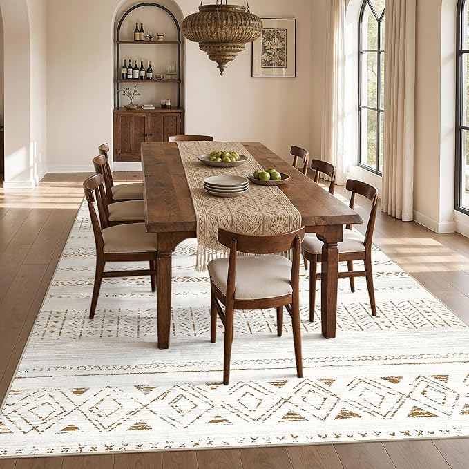 cotiled 5x8 Area Rugs Living Room Rug: Washable Boho Rugs with Non Slip Backing Large Soft Indoor Stain Resistant Carpet for Bedroom Farmhouse Dining Room Lightweight Home Decor L Brown/Cream
