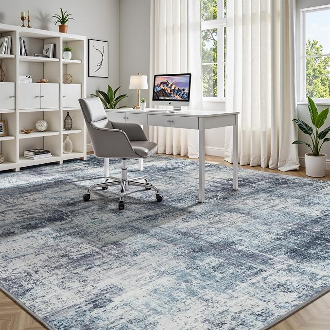 6x9 Area Rug for Living Room, Abstract Washable Non-Slip Carpet, Blue | Soft Neutral Rugs for Bedroom, Dining Room, Home Office Nursery Indoor, Stain Resistant, Non-Slip, Low Pile Modern Rug