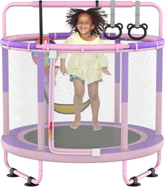 60" Trampoline for Kids, 5ft Toddler Mini 6-in-1 Trampoline Indoor Outdoor with Swing, Basketball Hoop, Dart Board, Rings, Christmas Toys Birthday Gifts for Girls Boys
