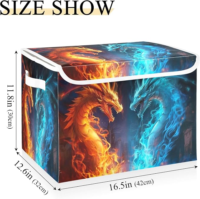 Fire and Ice Dragon Storage Bins with Lids and Carrying Handle,Foldable Storage Boxes Organizer Containers Baskets Cube with Cover for Home Bedroom Closet Office