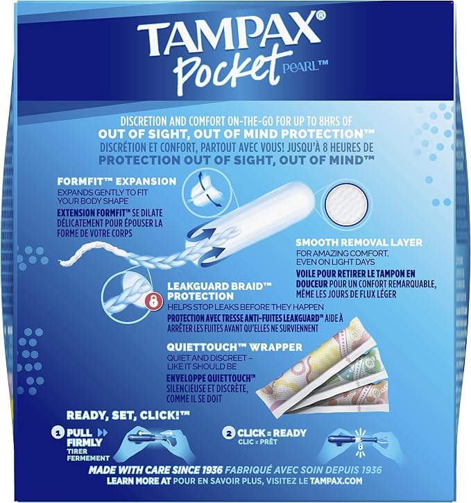 Tampax Pocket Pearl Tampons Regular Absorbency with LeakGuard Braid, Unscented, 16 Count (Pack of 2)