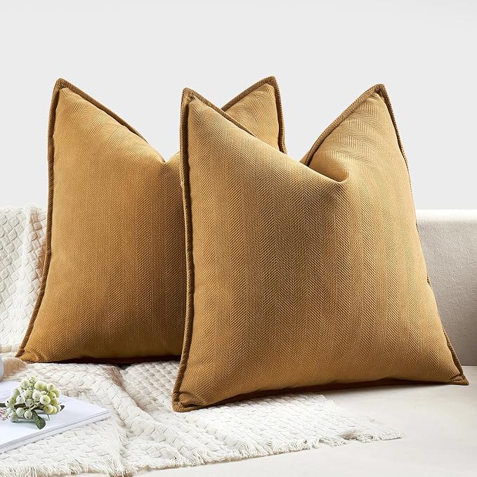 MIULEE Pack of 2 Mustard Yellow Decorative Chenille Pillow Covers 18x18 | Soft Couch Throw Pillows,Farmhouse Cushion Covers with Elegant Design for Sofa,Bedroom,Living Room,Spring Home Decor