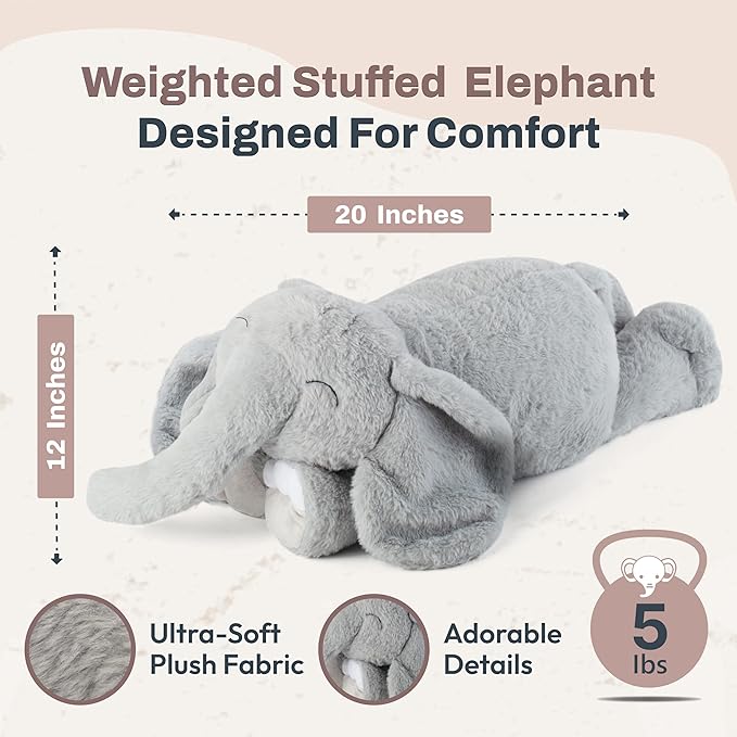 Weighted Stuffed Animals 20" | 5 lbs Elephant Plush for Calming Cozy Comfort | Large Weighted Stuffed Animal for Anxiety | Soft Microwavable & Coolable for Sensory Needs & Stress Relief