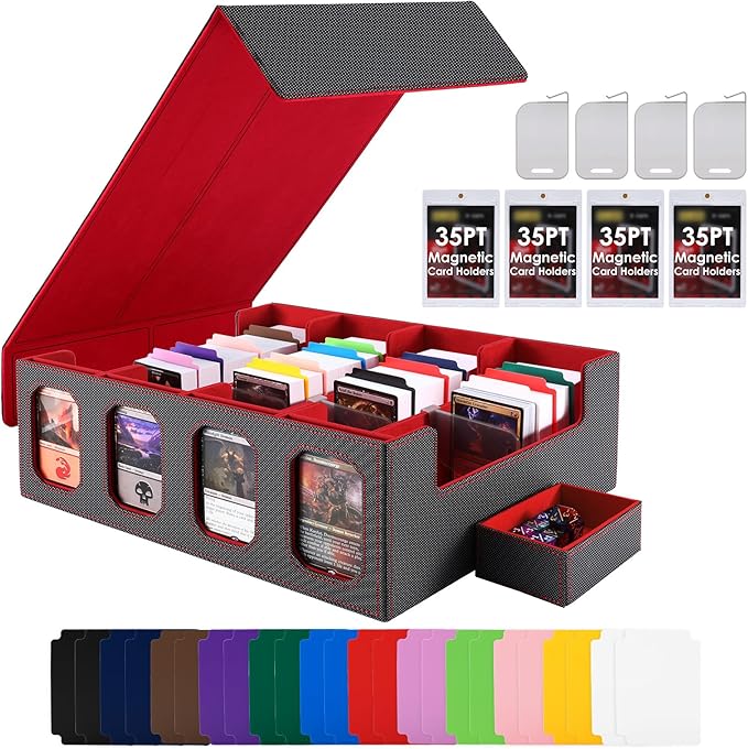 Trading Card Storage Box with Commander Display, 4-Row Deck Case with Removable Lid, 3200+ MTG Deck Box with 24 Colorful Divider, 4 Magnetic Card Holders, 4 Stoppers, Dice Tray(Black Red)