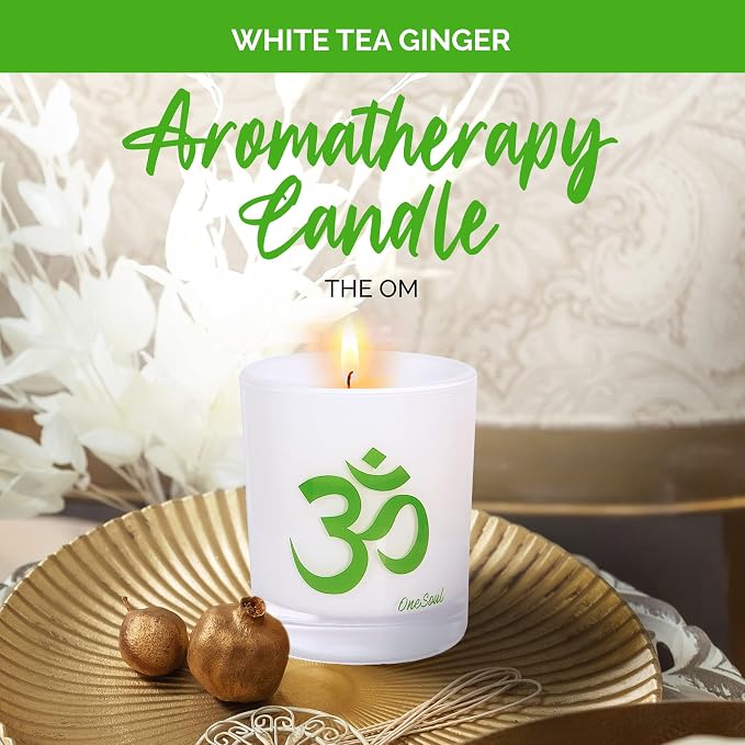 White Tea Ginger Aromatherapy Scented Candles, Luxury Spa Lemony Citrus Yoga Candles for Home Scented with Om Design, Hand-Poured Soy Candles, 50 Hours Burning Time, 7.6 oz. - OneSoul Collection