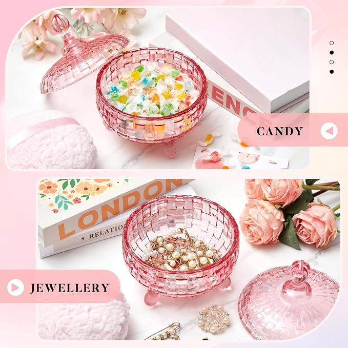 Tioncy 2 Pcs Extra Large Dusting Powder Puff and Container for Women-6'' Glass Crystal Dusting Powder Container with Body Soft Washable Reusable Velour Face(Pink,Weave Design)