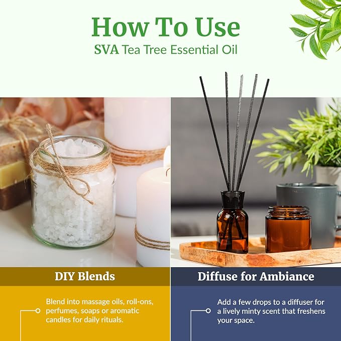 SVA Tea Tree Essential Oil 1 Fl Oz – for Diffuser, Skin & Hair Care – Ideal for Massage & DIY Blends – with Dropper