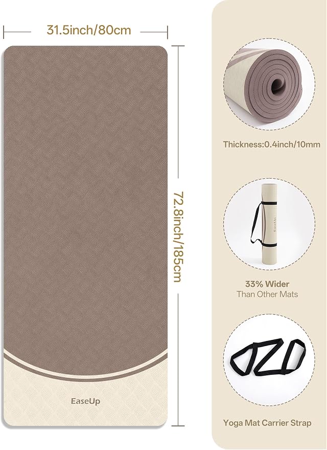 EaseUp Extra Thick Yoga Mat -2/5 inch (10MM), 72.8x31.5" Extra Long-Wide, Professional TPE Non-slip yoga mats for Yoga,Exercise, Workout,Pilates and Fitness, with strap