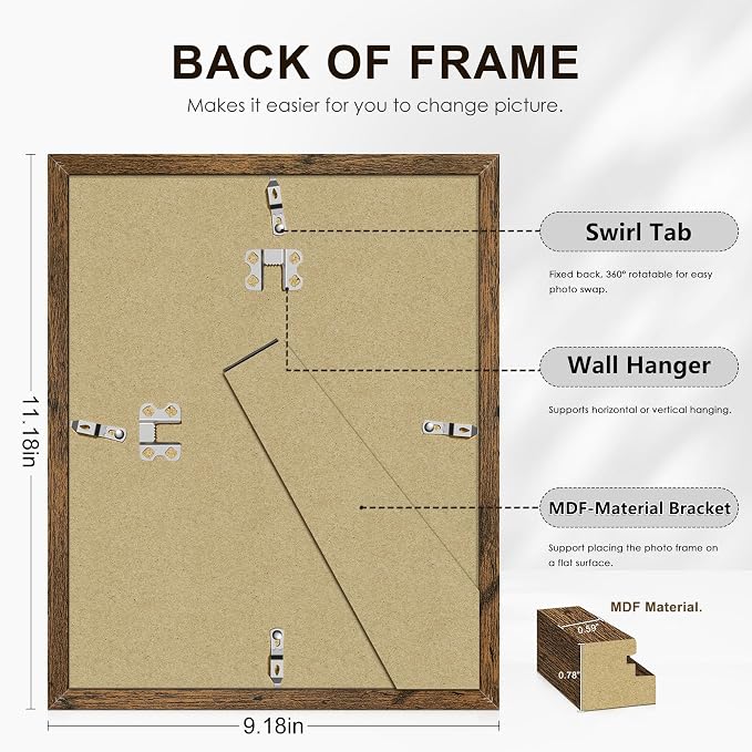 8x10 Picture Frame Set of 6, Wall or Tabletop Display, Rustic Brown | Display Pictures 5x7 with Mat or 8x10 Without Mat, Horizontal or Vertical, Gallery Wall Frame Set, Wedding Birthday Gifts