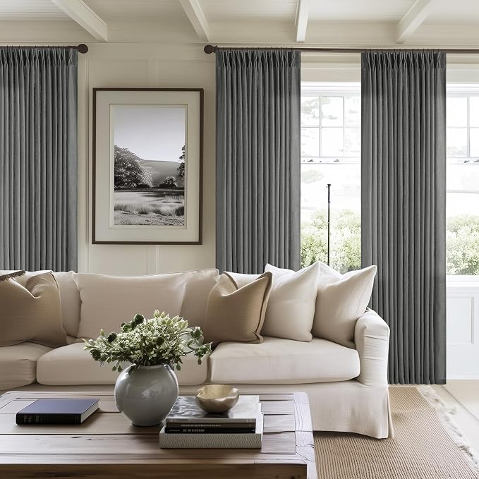 Dark Gray Linen Pinch Pleated Light Filter Curtains 96 Inches Long 2 Panels | Pinch Pleat Drapes Back Tab, Thick Linen Textured, for Living Dining Room, Modern Farmhouse Neutral, Charcoal Slate Grey