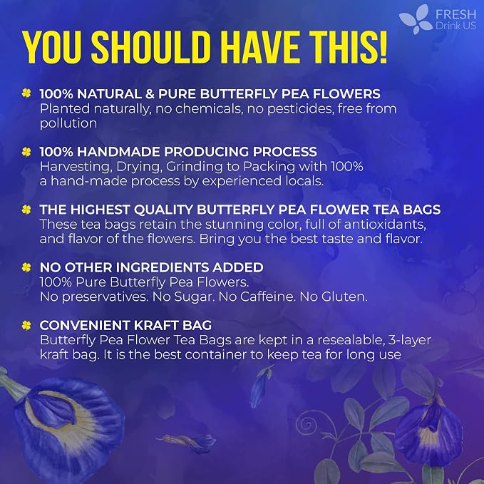 FreshDrinkUS, Premium 55 Blue Butterfly Pea Flowers Tea Bags, 100% Natural and Pure from Butterfly Pea Flowers, Made With Natural Material Tea Bag, No Sugar, No Caffeine, No Gluten, Vegan