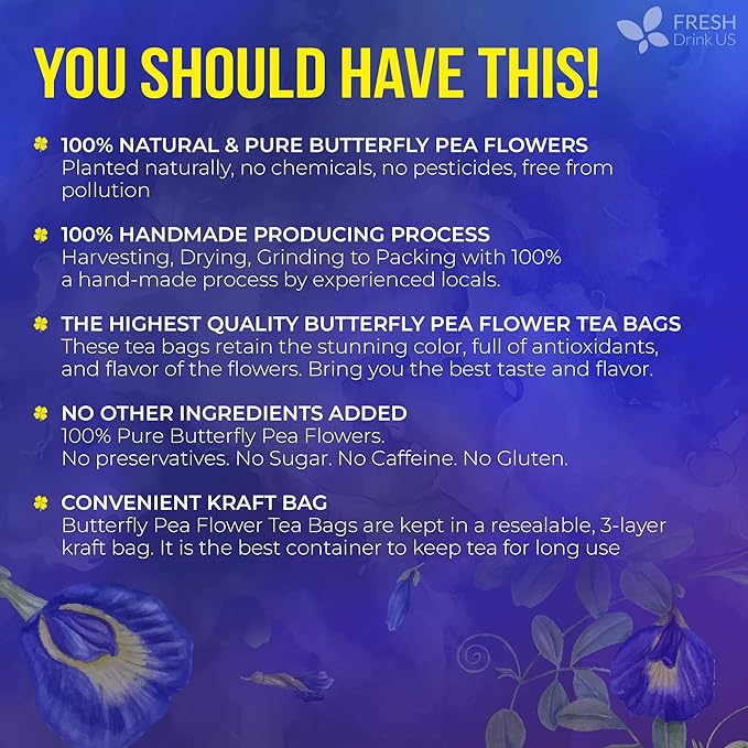 FreshDrinkUS, Premium 75 Tea Bags Blue Butterfly Pea Flowers, 100% Natural and Pure from Butterfly Pea Flowers, Made With Natural Material Tea Bag, No Sugar, No Caffeine, No Gluten, Vegan