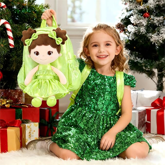 Lazada Toddler Backpack - Baby Girl Gifts Curly Fingerprints Plush Doll Dress Backpack - Fashion Girls Curly Rolled Fingerprints Series - Fluorescent Green 11 Inches