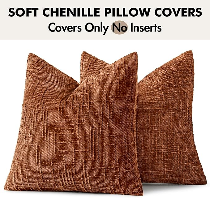 MIULEE Chenille Textured Fall Euro Throw Pillow Covers Burnt Orange 26x26 | Set of 2, Slubby Decorative Pillows, Boho Farmhouse Home Decor, Modern Neutral Cushion Covers for Couch Sofa Bed Living Room