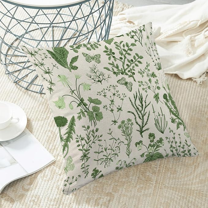 AEIOAE Summer Pillow Covers 22x22 Inch Set of 2,Olive Green Wild Flower Plant Throw Pillows Case,Seasonal Floral Outdoor Decorative Square Linen Farmhouse Decor Cushion Covers for Home Sofa Bed Couch