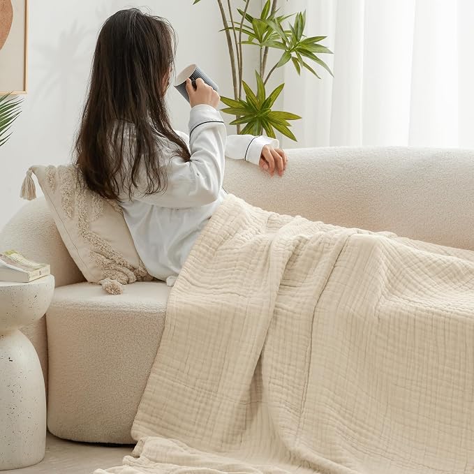 Love's cabin 100% Cotton Muslin Blanket, 6 Layer Lightweight Breathable Gauze Queen Size Blanket 90 x 90 Inches, Soft All Season Blanket for Bed, Beige