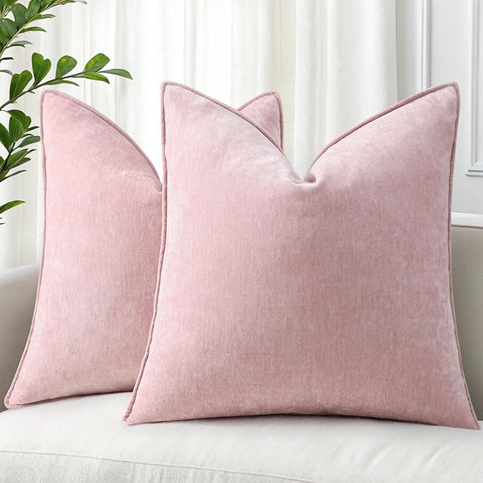 decorUhome Chenille Blush Pink Velvet Throw Pillow Covers 22x22 Set of 2 | Fall Soft Euro Sham Couch Decorative Modern Farmhouse Pillow Cases with Elegant Design for Sofa Bed Living Room Home Decor