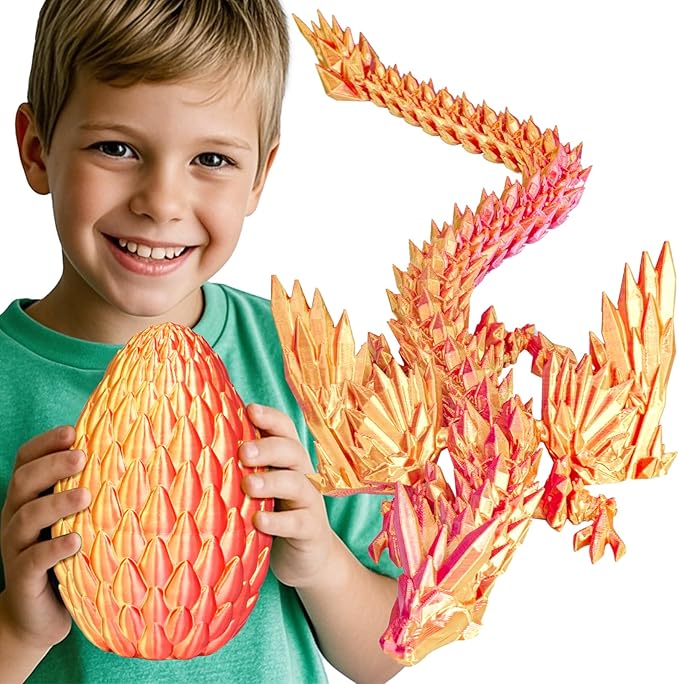 3D Printed Dragon Eggs with Articulated Fly Dragon Inside, Collectible Figurines Fidget Toy for Adults Kids Birthday Easter Christmas White Elephant Gifts for Friends Colleagues(Red Gold, L size)
