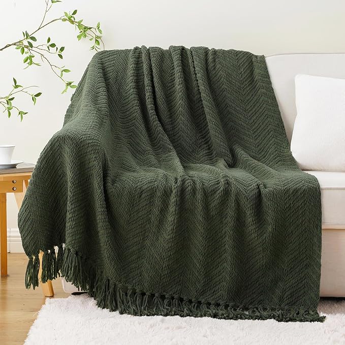 BATTILO HOME Olive Green Throw Blankets for Couch, 60"x80" | Knitted Dark Green Throw Blanket for Bed, Super Soft Warm Large Throws for Home Decor