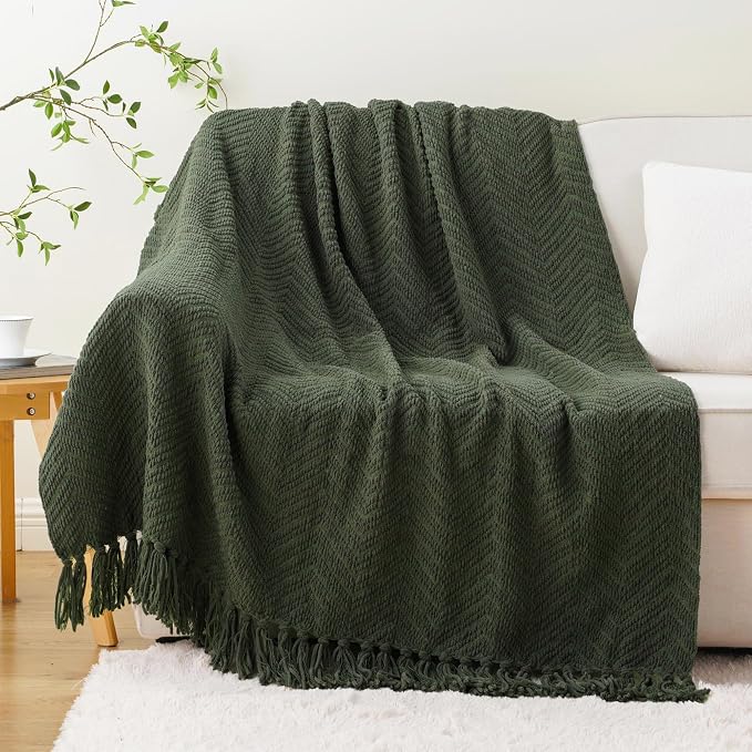 BATTILO HOME Olive Green Chenille Throw Blanket for Bed, 50" x 60" | Knit Throw Blanket, Super Soft Warm Home Decor Throw Blanket with Tassels for Couch,Sofa and Living Room