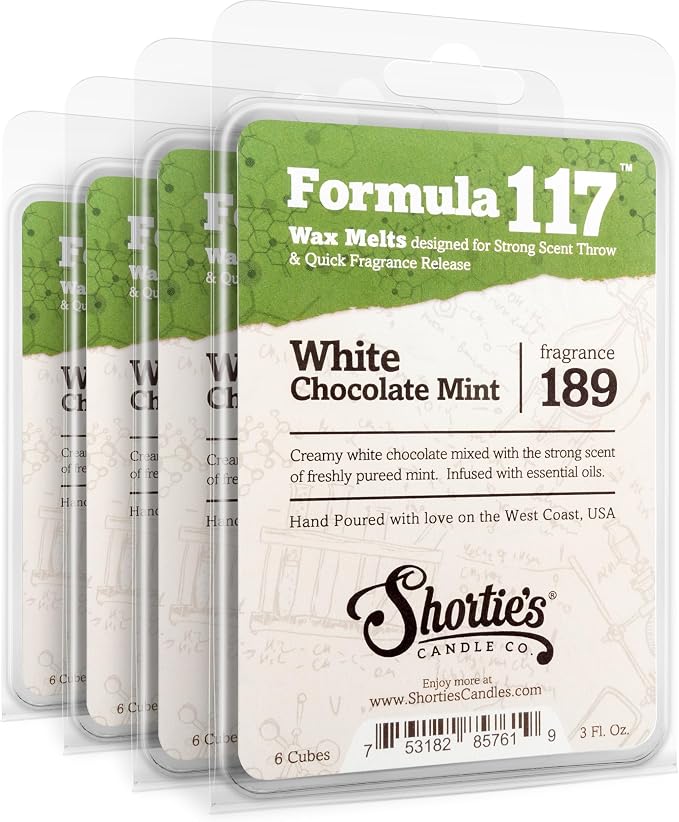 Shortie's Candle Company White Chocolate Mint Premium Wax Melts 4 Pack - 12 Oz., Strong & Long Lasting, Non-Toxic - Made with Essential & Natural Oils - Formula 117