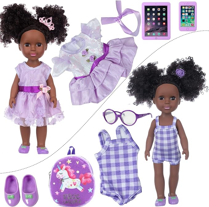 ZNTWEI 14.5 Inch Black Dolls and Black Baby Doll Clothes Accessories Including Unicorn Backpack Ipad Phone Glasses Shoes Camera Headband Hairpin