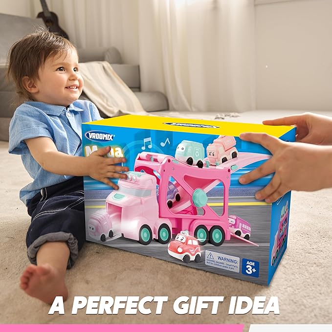 Vroomix Extra Large Toy Trucks for Toddlers, 3-Layer Princess Pink Trucks for Girls, 7-in-1 Big Carrier Truck with Siren & Lights and 6 Toy Cars, Christmas Birthday Gifts for Girls