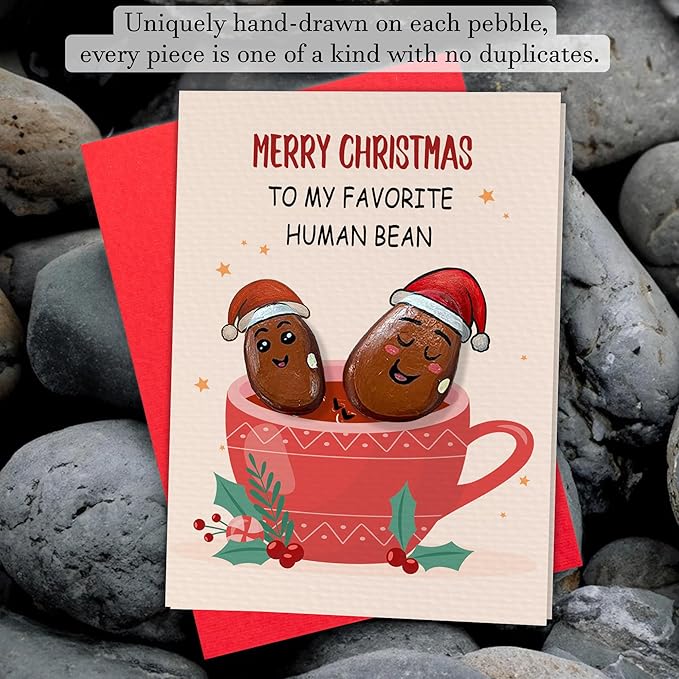 Handmade Christmas Pebble Card – Funny Holiday Pun Card with Pebble Art – Unique Christmas Greeting Card for Friends, Family, Coworkers