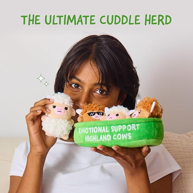 WHAT DO YOU MEME? Emotional Support Highland Cows by Relatable, Cuddly Stuffed Animals, Plushies, and Cute Stuff, Great Gift Ideas for Loved Ones of All Ages, Includes 5 Toys with Carrying Basket