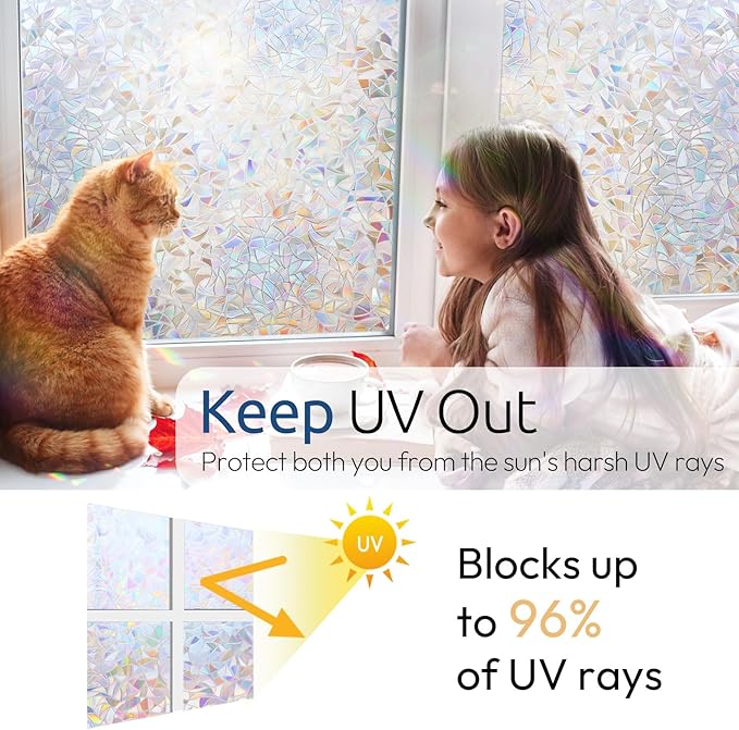 rabbitgoo Rainbow Window Privacy Film, Stained Glass Cling, 35.4" x 118.1" | Decorative Static Sticker, Non-Adhesive Reusable Window Tint, Heat Control UV Blocking Coverings for Home Doors, Living Room