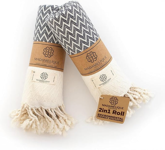 Madamelique Exclusive Hand Towels Set of 2-18 x 40 Inches - Decorative Bathroom Peshtemal Towel for Hand, Face, Hair, Yoga, Tea, Dishcloth, Kitchen and Bath - 100% Pure Cotton (Gray)