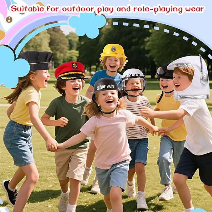 12PCS Pretend Career Hats, Dress Up Role Play Hats, Wigs, Helmets for Kids, Halloween Costume Role Play Dressup Set Police, Builder, SWAT, Army, Soldier, Lawyer, Astronaut, Captain, Chef, Nurse etc.